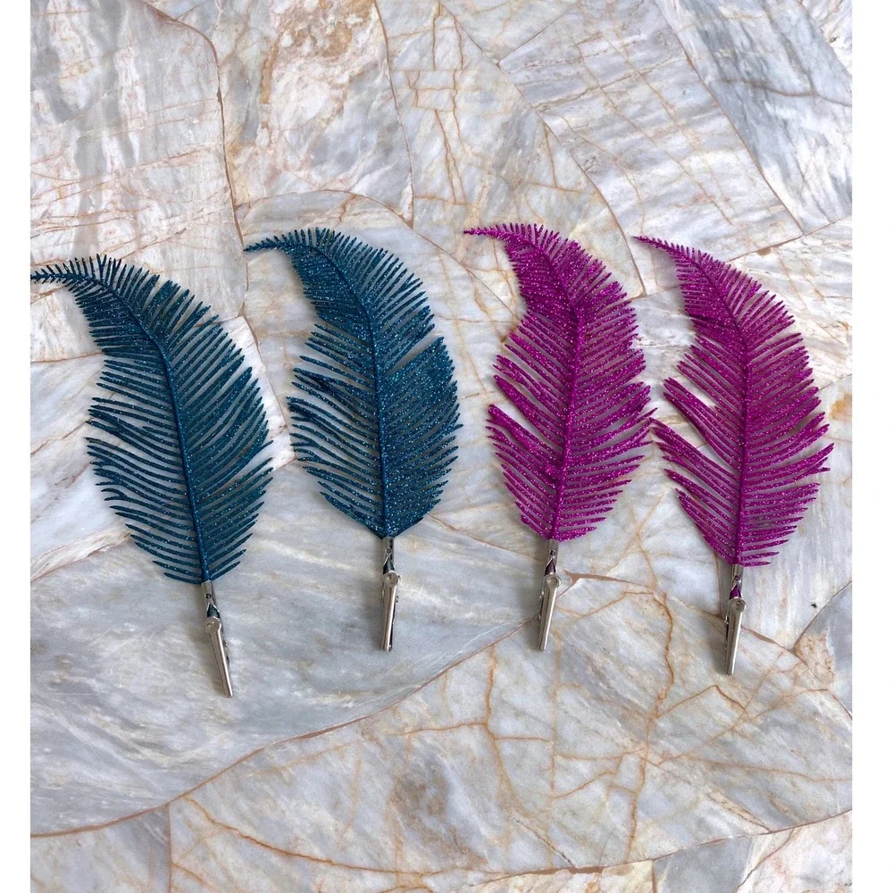 Set of 4 Glitter Feather Hair Clips Teal Blue and Purple Plume Alligator Clips